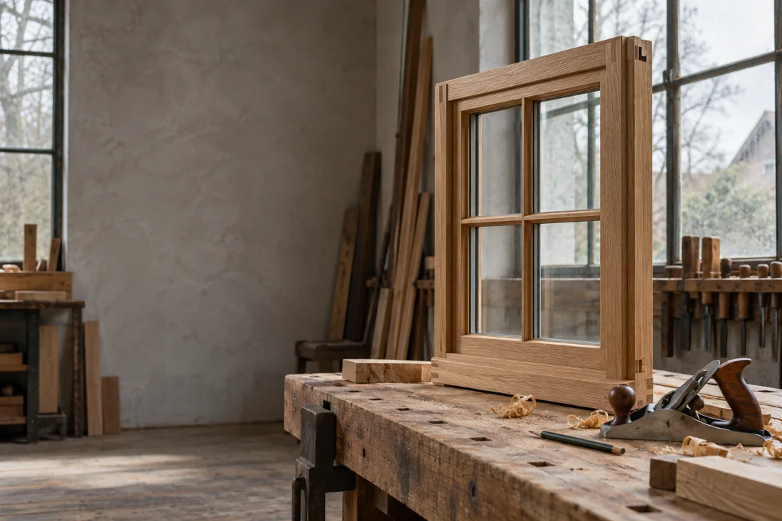 Holzwerkstatt mit Eichenholz und Handwerkzeug – illustratives Bildmotiv